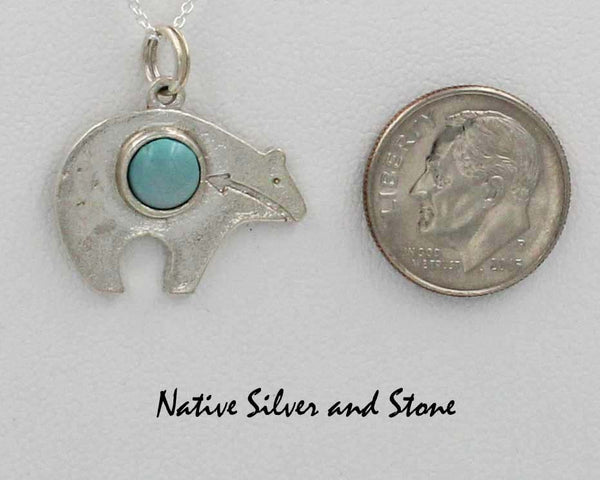 Z Bear Pendant 0816 w Chain<br>Bennard & Frances Dallasvuyaoma<br>Hopi/Pima<br> Two-Sided Silver w Turquoise Dot<br>18" Silver Box Chain