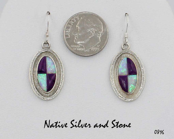 Bennard & Frances Dallasvuyaoma<br>Hopi/Pima<br>Handmade Silver Earrings - French Wire<br>Sugilite & Lab Opal Quad Oval