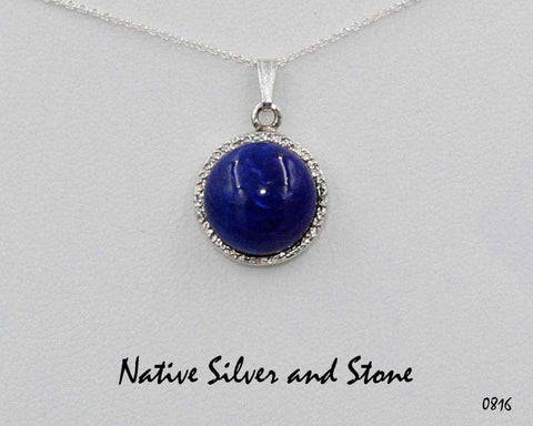 Z Bennard & Frances Dallasvuyaoma<br>(Hopi/Pima)<br>Handmade Pendant<br>Lapis Lazuli Round<br>18" Silver Box Chain