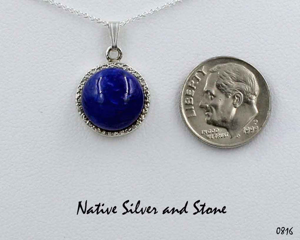 Z Bennard & Frances Dallasvuyaoma<br>(Hopi/Pima)<br>Handmade Pendant<br>Lapis Lazuli Round<br>18" Silver Box Chain