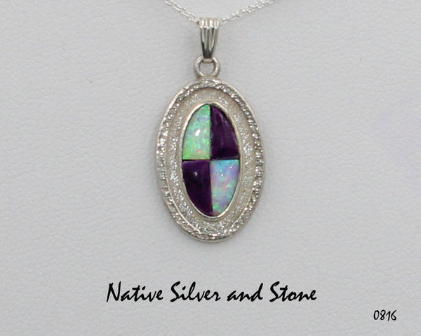 Bennard & Frances Dallasvuyaoma<br>Hopi/Pima<br>Handmade Silver Pendant<br>Sugilite & Lab Opal Quad Oval<br>18" Silver Box Chain
