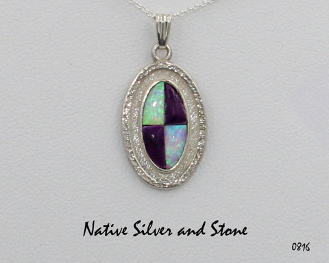 Bennard & Frances Dallasvuyaoma<br>Hopi/Pima<br>Handmade Silver Pendant<br>Sugilite & Lab Opal Quad Oval<br>18" Silver Box Chain