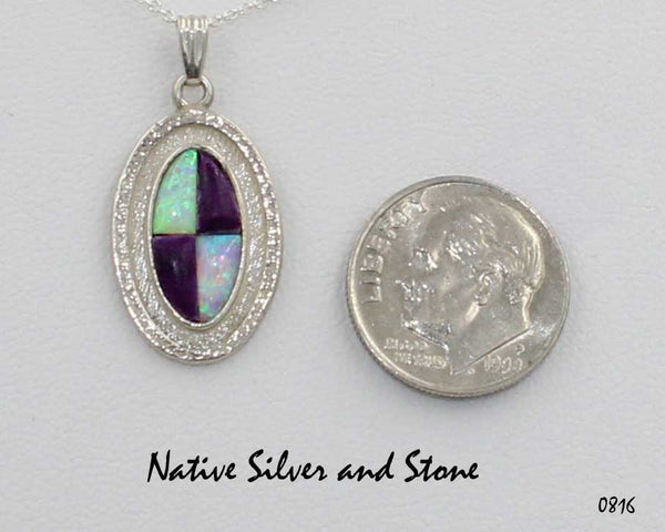 Bennard & Frances Dallasvuyaoma<br>Hopi/Pima<br>Handmade Silver Pendant<br>Sugilite & Lab Opal Quad Oval<br>18" Silver Box Chain