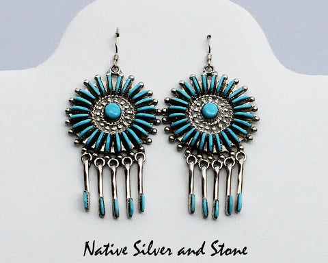 Z Bernadette Wyaco<br>Zuni Jewelry<br>Earrings - French Wire<br>Turquoise Needlepoint<br>Circles with Dangle Paddles<br>in Sterling Silver