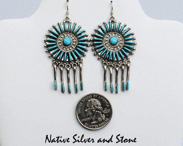 Z Bernadette Wyaco<br>Zuni Jewelry<br>Earrings - French Wire<br>Turquoise Needlepoint<br>Circles with Dangle Paddles<br>in Sterling Silver