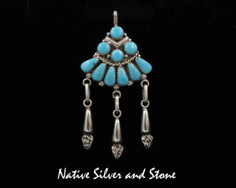 Z Beverly Weebothee - Zuni<br>Native American<br>Turquoise Cabochon Pendant<br>Multi-inlay Rounds &<br>Teardrops of Turquoise