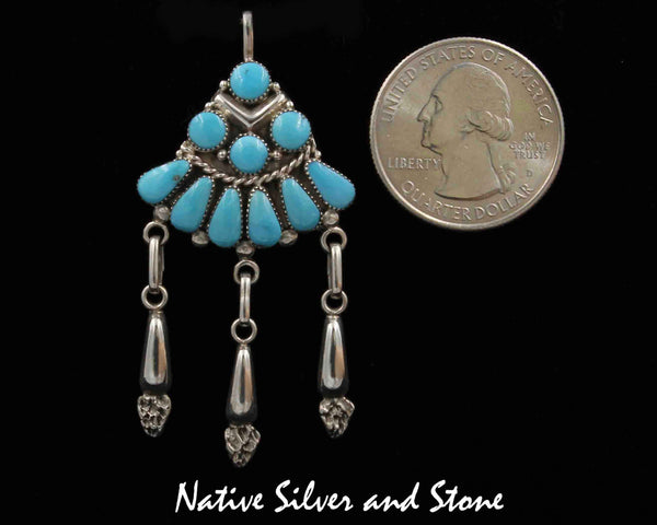 Z Beverly Weebothee - Zuni<br>Native American<br>Turquoise Cabochon Pendant<br>Multi-inlay Rounds &<br>Teardrops of Turquoise