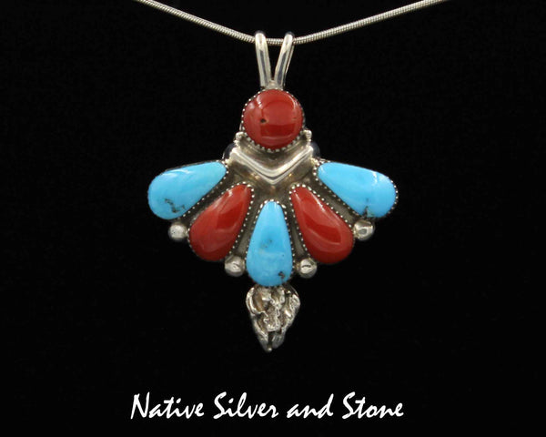 Z Beverly Weebothee - Zuni<br>Native American<br>Butterfly Pendant (Only)<br>Multi-inlay Cabochons of Mediterranean Coral and Turquoise