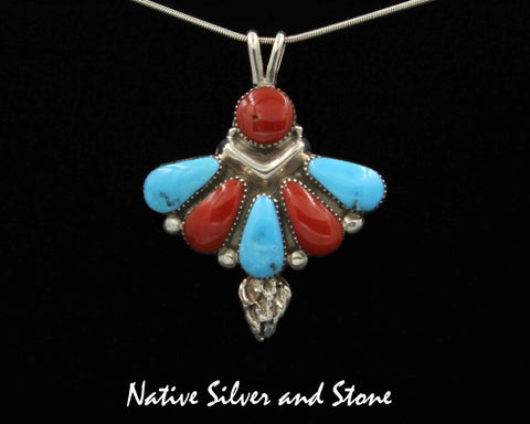 Z Beverly Weebothee - Zuni<br>Native American<br>Butterfly Pendant (Only)<br>Multi-inlay Cabochons of Mediterranean Coral and Turquoise