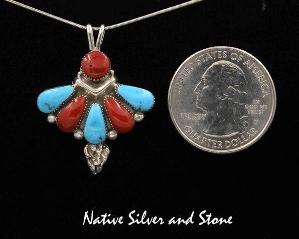 Z Beverly Weebothee - Zuni<br>Native American<br>Butterfly Pendant (Only)<br>Multi-inlay Cabochons of Mediterranean Coral and Turquoise