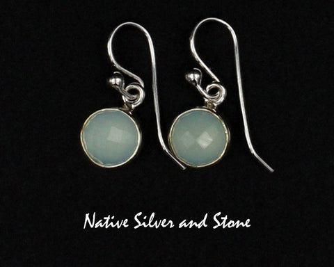 Navajo Jewelry<br>3/8" Earrings - Round<br>8mm Chalcedony<br>Faceted<br>Hook<br>Sterling Silver