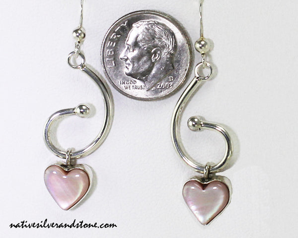 Z Bryant Martinez-Navajo Jewelry<br>Earrings - French Wire<br>Pink Mussel Shell Heart w Sterling<br>Silver Curley Q Accent