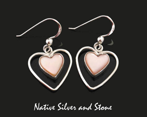 Z Bryant Martinez - Navajo Jewelry<br>Earrings - French Wire<br>Pink Mussel Shell<br>Heart in Silver Heart Perimeter
