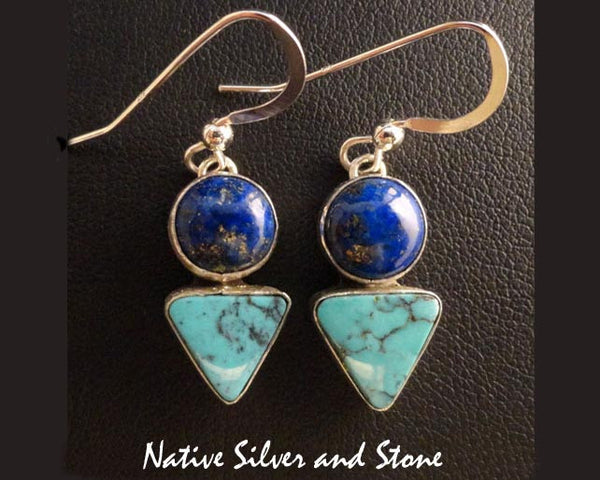 Z Bryant Martinez - Navajo Jewelry<br>Earrings - French Wire<br>Lapis Dot & Stabilized Kingman Triangle