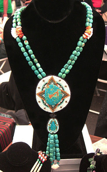 Joe & Le Jeune Chavez<br>Santo Domingo/Kewa-Seminole<br>Necklace -Beaded<br>Turquoise & Orange Spiny Oyster