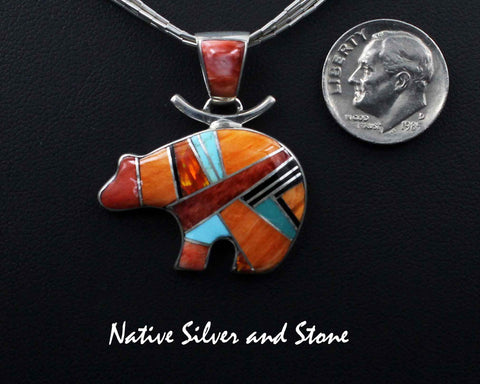 Z Cathy Webster - Navajo<br>13/16" Pendant Multi-Inlay Bear <br>Orange & Red Spiny<br> Onyx, Imitation Opal, Turquoise<br>Sterling Silver