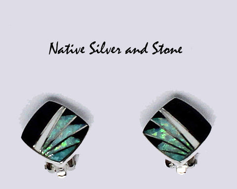Z Cathy Webster - Navajo<br>5/8" Earrings Multi-Inlay<br>Medium Soft Squares<br>Onyx, Magnesite, Opal<br>Feather-cut<br>Clip<br>Sterling Silver