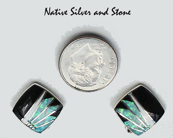 Z Cathy Webster - Navajo<br>5/8" Earrings Multi-Inlay<br>Medium Soft Squares<br>Onyx, Magnesite, Opal<br>Feather-cut<br>Clip<br>Sterling Silver