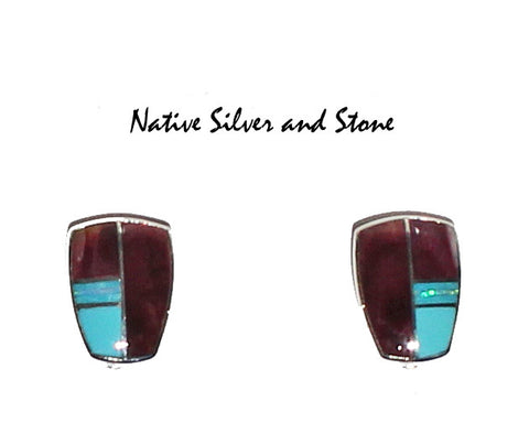 Z-Cathy Webster - Navajo Jewelry<br>Earrings - Clip Multi-Inlay<br>Purple Spiny, Turquoise, Opal<br>Rounded Vertical Rectangle
