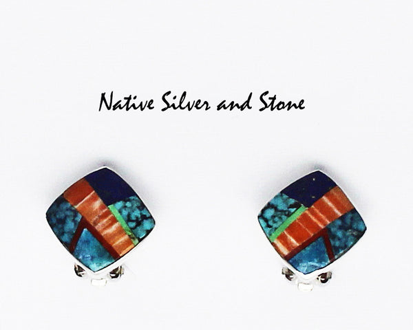Z Cathy Webster - Navajo<br>5/8" Earrings Multi-Inlay<br>Medium Soft Squares<br>Turquoise, Orange Spiny, Lapis, Gaspiete, Coral<br>Clip<br>Sterling Silver