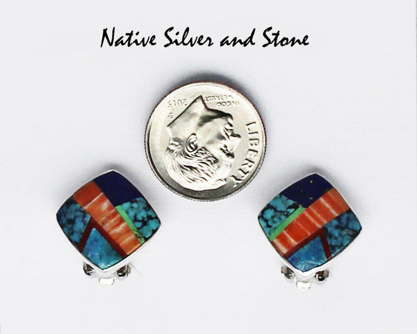 Z Cathy Webster - Navajo<br>5/8" Earrings Multi-Inlay<br>Medium Soft Squares<br>Turquoise, Orange Spiny, Lapis, Gaspiete, Coral<br>Clip<br>Sterling Silver