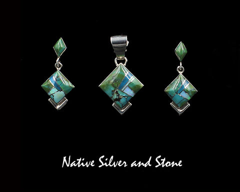 Z Cathy Webster - Navajo<br>Set<br>3/4" Pendant & 11/16" Earrings (Dangle Post)<br>Multi-Inlay Square on End with Bottom Accent<br>Variscite, Turquoise, & Opal