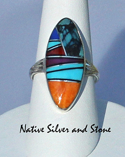Z Cathy Webster - Navajo<br>1-1/8" Ring<br>Multi-Inlay Sharp Long Oval<br>Turquoise x 2, Lapis<br>Orange, Purple, & Red Spiny Oyster<br>Size 8-3/4