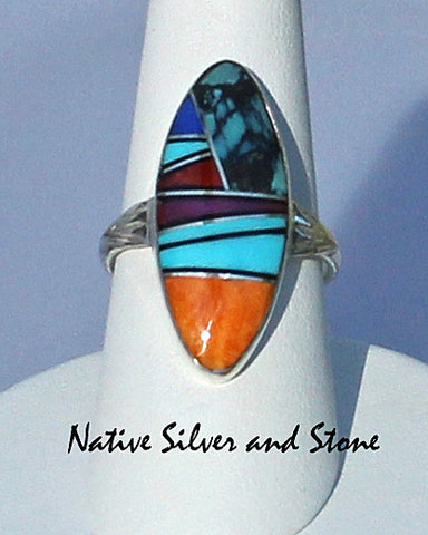 Z Cathy Webster - Navajo<br>1-1/8" Ring<br>Multi-Inlay Sharp Long Oval<br>Turquoise x 2, Lapis<br>Orange, Purple, & Red Spiny Oyster<br>Size 8-3/4