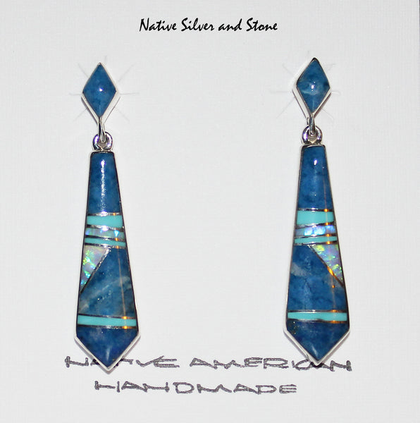 Z-Cathy Webster - Navajo Jewelry<br>Earrings - Dangle Post Multi-Inlay <br>Denim Lapis, Turquoise, Opal<br>Multi-Inlay<br>SW