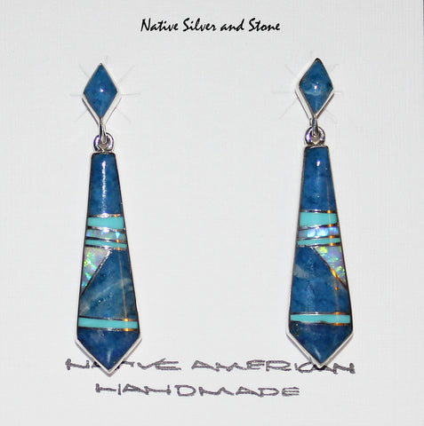 Z-Cathy Webster - Navajo Jewelry<br>Earrings - Dangle Post Multi-Inlay <br>Denim Lapis, Turquoise, Opal<br>Multi-Inlay<br>SW