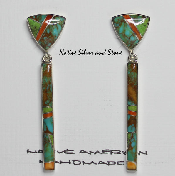 Z-Cathy Webster - Navajo Jewelry<br>Earrings - Dangle Post<br>Turquoise, Gaspiete, & Orange Spiny<br>Multi-Inlay
