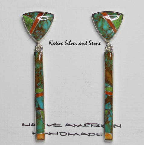 Z-Cathy Webster - Navajo Jewelry<br>Earrings - Dangle Post<br>Turquoise, Gaspiete, & Orange Spiny<br>Multi-Inlay