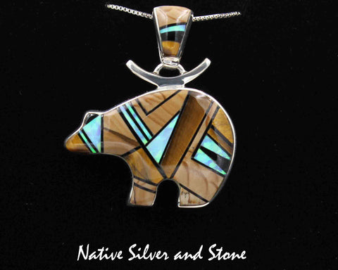 Z Cathy Webster - Navajo Jewelry<br>Pendant Multi-Inlay Bear <br>Picture Jasper, Tiger Eye, Opal, & Jet<br>with 18" Silver Box Chain