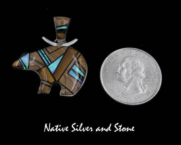 Z Cathy Webster - Navajo Jewelry<br>Pendant Multi-Inlay Bear <br>Picture Jasper, Tiger Eye, Opal, & Jet<br>with 18" Silver Box Chain