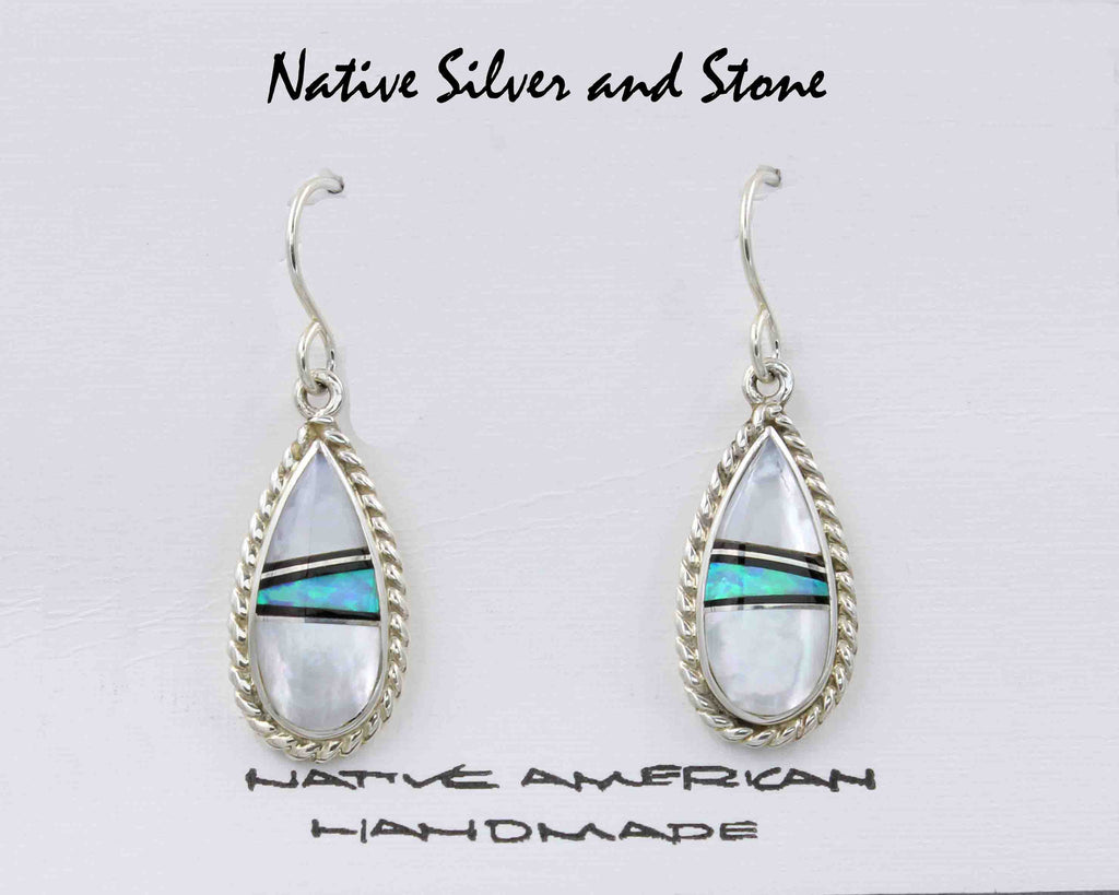 Colorful Native American Navajo Signed Teardrop Synthetic Opal Sterling Silver Pendant Earrings Colorful Native American Navajo Signed Teardrop Synthetic Opal Sterling Silver Pendant Earrings