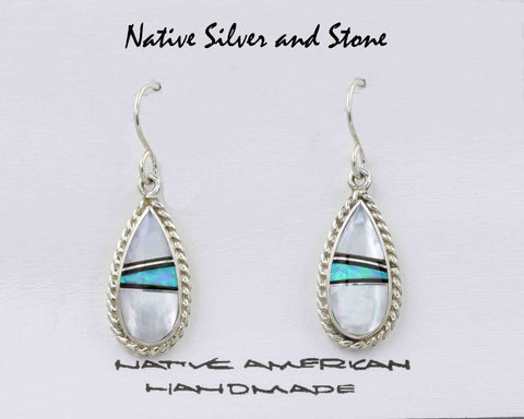 ZSOLD Cathy Webster - Navajo<br>7/8"H Earrings<br>White Mother of Pearl, Opal, & Onyx<br>Multi-Inlay Teardrop<br>Single Twistwir<br>Shepherds Hook<br>Sterling Silver