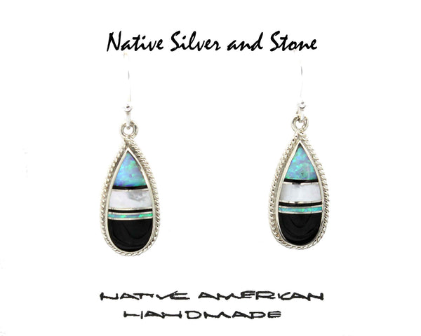 Z Cathy Webster - Navajo Jewelry<br>Earrings - French Wire<br>Onyx, Opal, and<br>Mother of Pearl<br>Multi-Inlay Teardrop<br>Twistwire Perimeter Accent