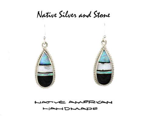 Z Cathy Webster - Navajo Jewelry<br>Earrings - French Wire<br>Onyx, Opal, and<br>Mother of Pearl<br>Multi-Inlay Teardrop<br>Twistwire Perimeter Accent