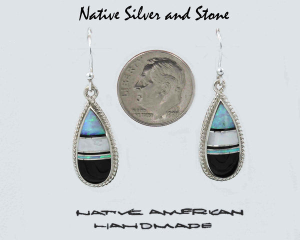 Z Cathy Webster - Navajo Jewelry<br>Earrings - French Wire<br>Onyx, Opal, and<br>Mother of Pearl<br>Multi-Inlay Teardrop<br>Twistwire Perimeter Accent