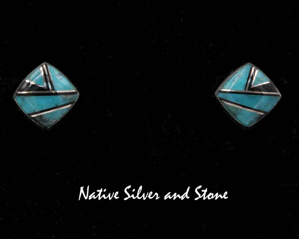 Z Cathy Webster - Navajo<br>7/16" Earrings<br>Kingman Turquoise & Jet Multi-Inlay<br>Medium Square-on-End<br>Post