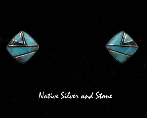 Z Cathy Webster - Navajo<br>7/16" Earrings<br>Kingman Turquoise & Jet Multi-Inlay<br>Medium Square-on-End<br>Post