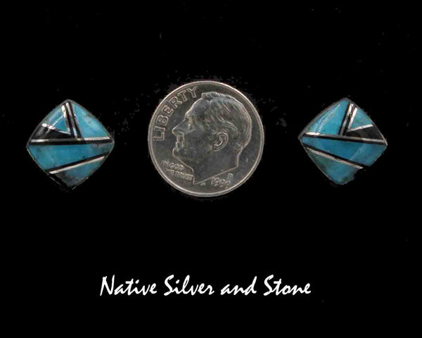 Z Cathy Webster - Navajo<br>7/16" Earrings<br>Kingman Turquoise & Jet Multi-Inlay<br>Medium Square-on-End<br>Post