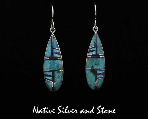 Z Cathy Webster - Navajo<br>1-1/4" Earrings<br>Kingman Turquoise, Lapis, & Opal<br>Large Multi-Inlay Teardrop<br>Hook<b>Sterling Silver