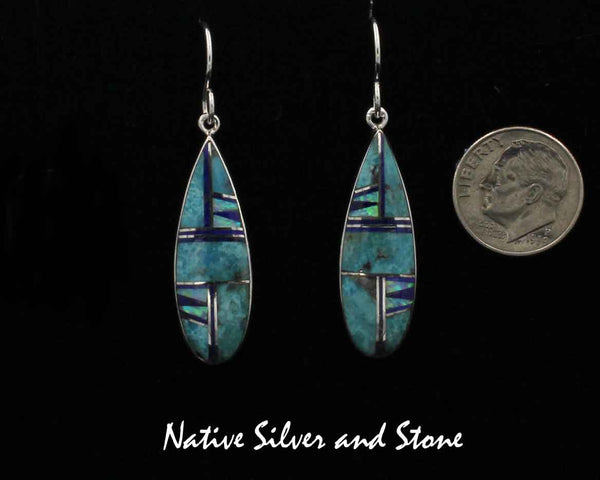 Z Cathy Webster - Navajo<br>1-1/4" Earrings<br>Kingman Turquoise, Lapis, & Opal<br>Large Multi-Inlay Teardrop<br>Hook<b>Sterling Silver