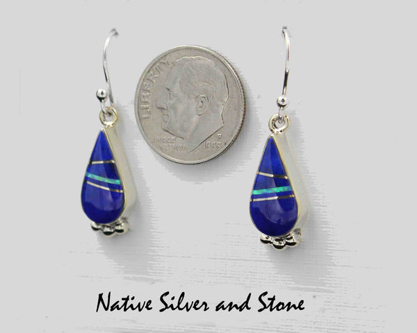 Z Cathy Webster - Navajo Jewelry<br>Earrings - French Wire<br>Lapis Lazuli & Opal<br>Small Teardropwith Silver Bead Accent