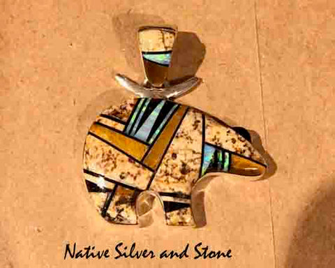 Z Cathy Webster - Navajo Jewelry<br>Special Order<br>Pendant Multi-Inlay Bear <br>Picture Jasper, Tiger Eye, Opal, & Onyx
