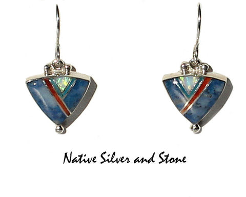 Z-Cathy Webster - Navajo Jewelry<br>Earrings - French Wire<br>Denim Lapis, Opal, Turquoise, Orange Spiny<br>Multi-Inlay<br>Triangle<br>with Silver Bead Bottom Accent