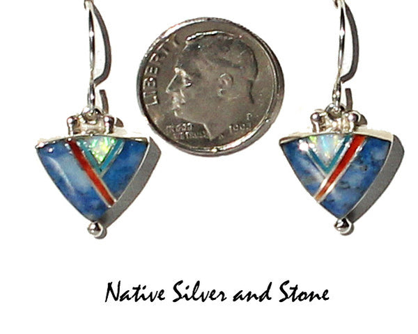 Z-Cathy Webster - Navajo Jewelry<br>Earrings - French Wire<br>Denim Lapis, Opal, Turquoise, Orange Spiny<br>Multi-Inlay<br>Triangle<br>with Silver Bead Bottom Accent