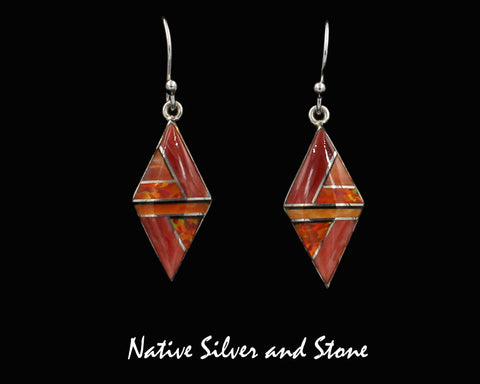 Z Cathy Webster - Navajo<br>7/8" Earrings<br>Small Diamond<br>Red Spiny, Orange Spiny, and Red Opal<br>Hook<br>Sterling Silver