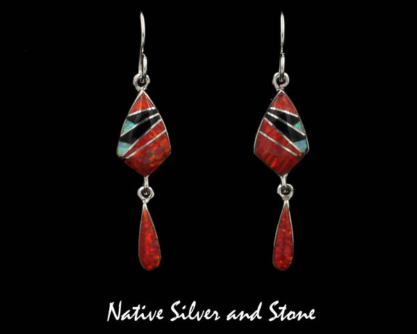 Z Sheryl Martinez - Navajo<br>1-1/4" Earrings Multi-Inlay<br>Squat Diamond with Teardrop Dangle<br>Red Opal, White Opal, Onyx,<br>Hook<br>Feathercut<br>Sterling Silver